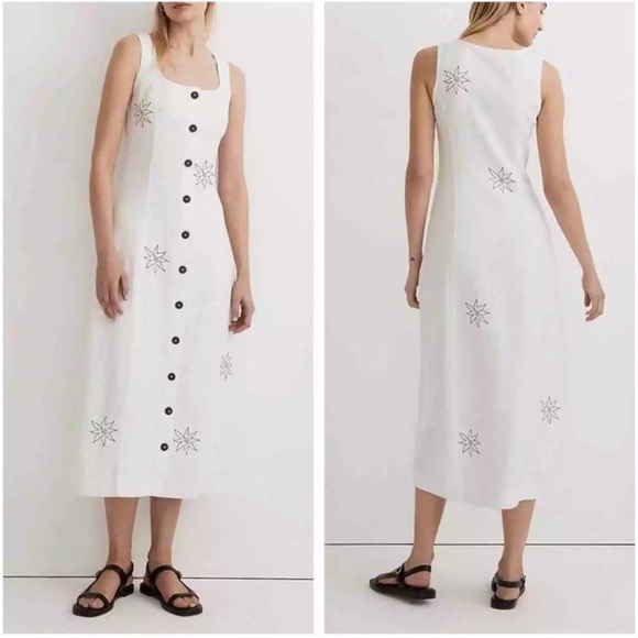Madewell Dresses & Skirts - Madewell Linen Embroidered Button Front Midi Dress White Black Size 4 NWT